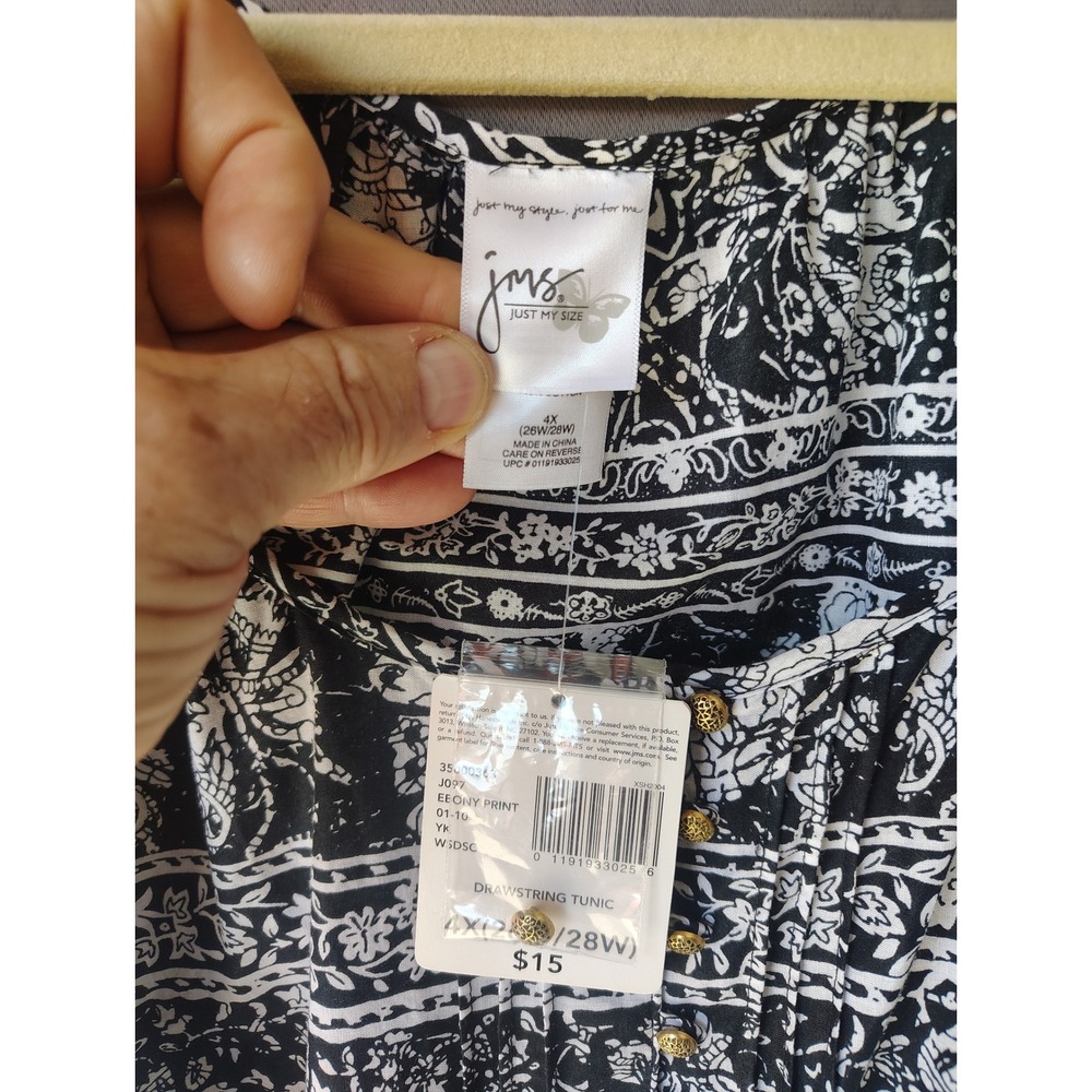 Just My Size 4X 26W 28W Black White Floral Ebony Print Drawstring Tunic NEW - Picture 2 of 3